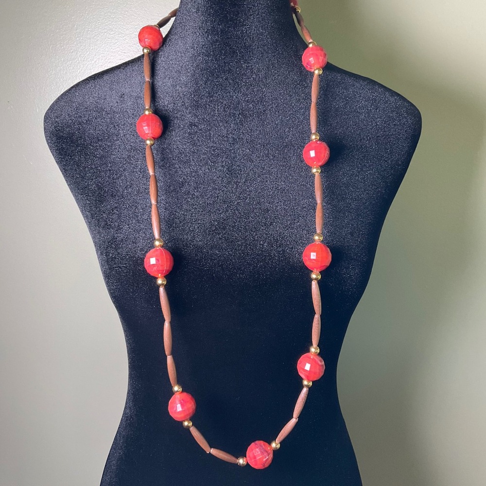 Vintage Red Faceted Bead and Wood Long Strand Necklace Gold Tone Accents Boho